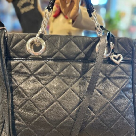 NWOT Brighton Linaria Logan Quilted Leather Studded Black Rose Bag - Picture 2 of 5